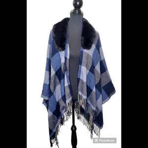 14th & Union Plaid Fringe Faux Fur Collar Blue Poncho